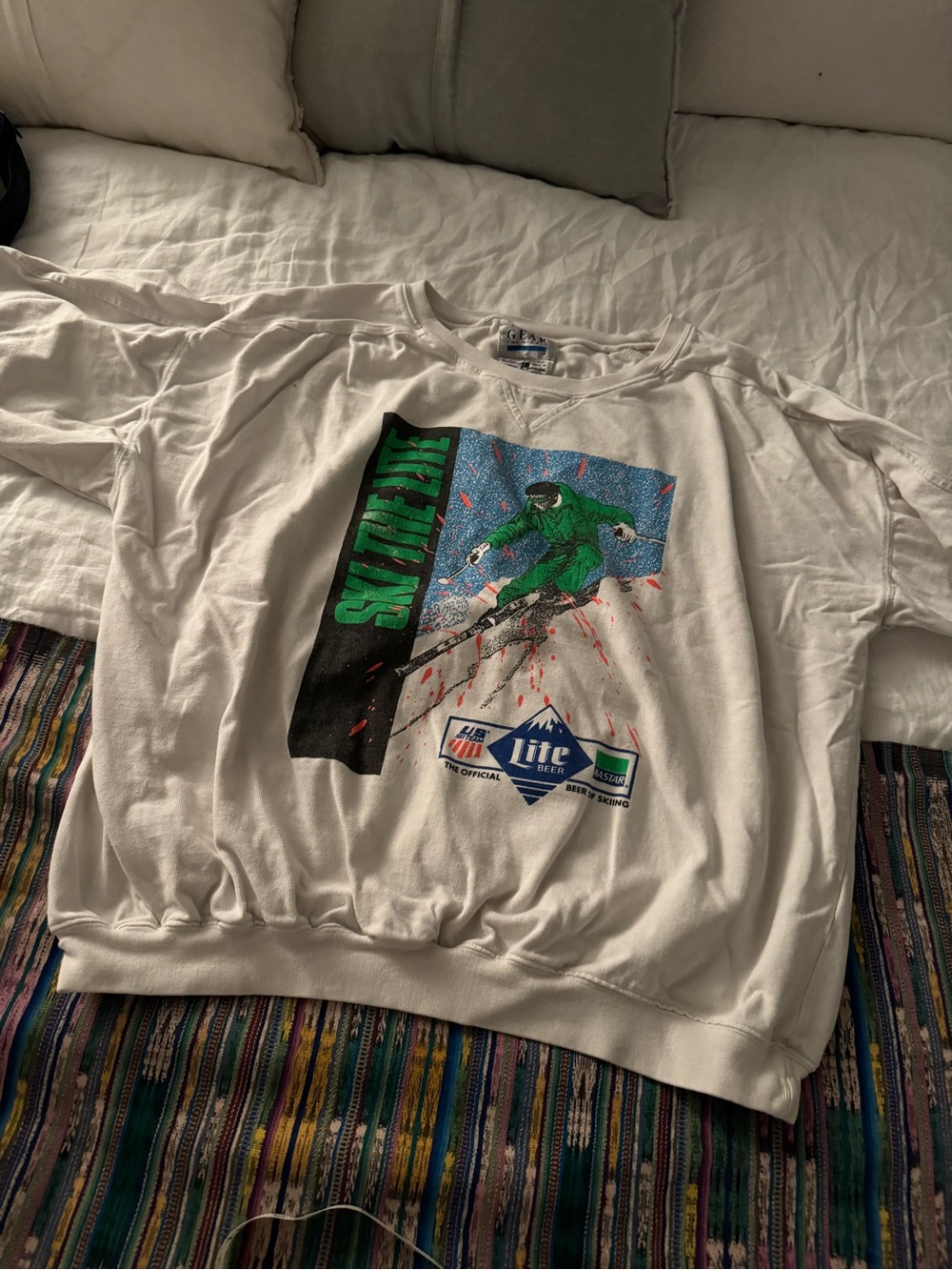 Vintage White Ski Miller Lite beer Sweatshirt with Green Graphic